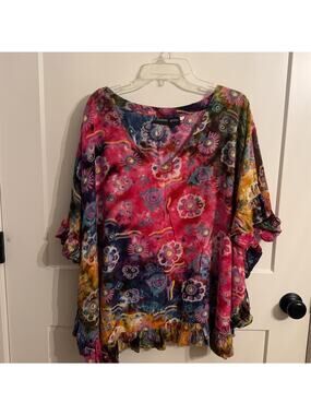 Channa Tunic Blouse One Size Multicolor Floral Tie Dye Ruffle Boho Festival Top